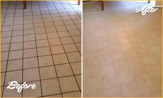 Before and After Picture of a Richmond Hill Kitchen Tile and Grout Cleaned to Remove Embedded Dirt