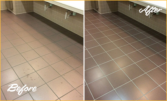 Before and After Picture of a Douglaston Restrooms Tile and Grout Cleaned to Remove Embedded Dirt