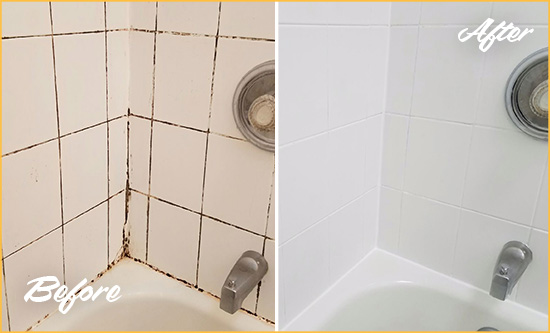 Before and After Picture of a Beechhurst Shower Tile and Grout Cleaned to Eliminate Mold