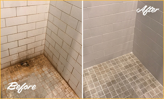 Before and After Picture of a Alphabet City Shower Tile and Grout Cleaned to Eliminate Mold and Stains