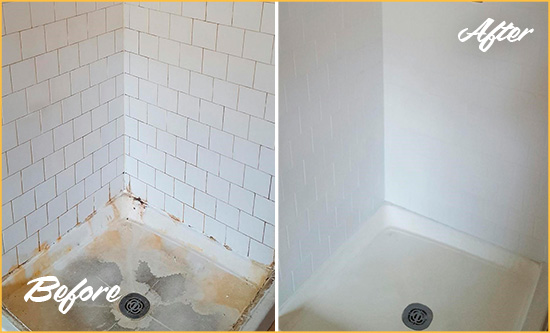Before and After Picture of a Long Island City Shower Tile and Grout Cleaned to Remove Soap Scum