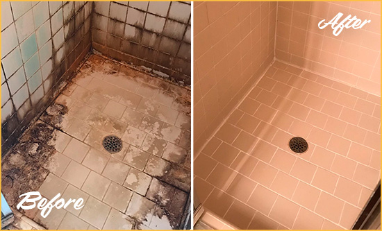Before and After Picture of a Lincoln Square Shower Tile and Grout Cleaned to Repair Water Damage