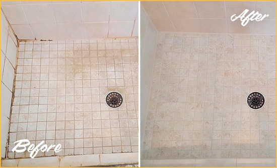 Before and After Picture of a Upper West Side Shower Caulked to Fix Cracks