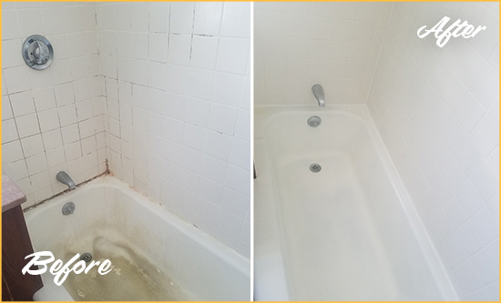 Before and After Picture of a Rockaway Beach Bathtub Caulked to Repair Cracks