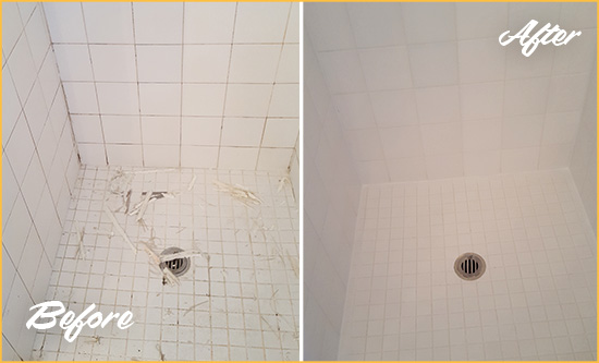 Before and After Picture of a Rockaway Beach Bathroom Re-Caulked To Repair Damaged Caulking