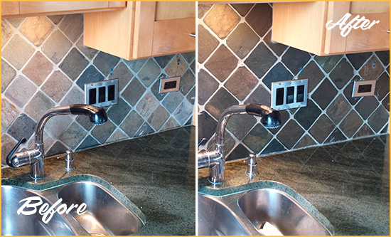 Before and After Picture of a White Sands Backsplash Caulked to Fix and Prevent Water Leaks