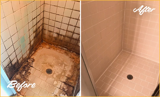 Before and After Picture of a Clinton Hill Shower Caulked to Fix and Prevent Water Damage