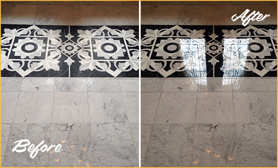 Before and After Picture of a Dyker Heights Marble Stone Floor Polished to a Mirror Shine