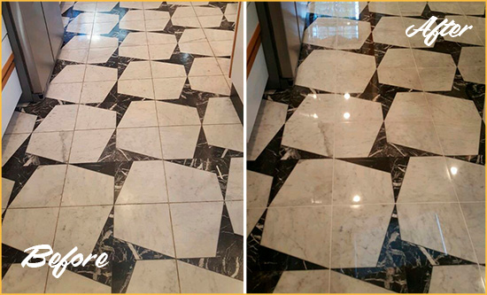 Before and After Picture of a Dull Sunnyside Marble Stone Floor Polished To Recover Its Luster