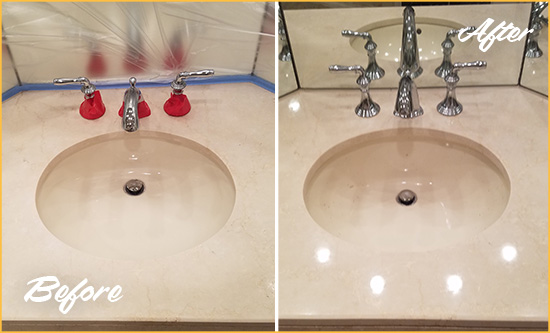 Before and After Picture of a Dull Rockaway Park Marble Stone Vanity Top Polished to Bring-Back Its Sheen