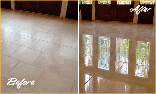 Before and After Picture of a Dull Jackson Heights Travertine Stone Floor Polished to Recover Its Gloss