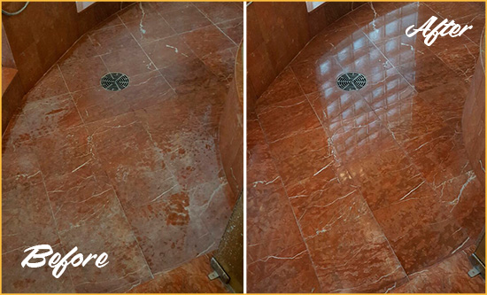 Before and After Picture of a Harlem Marble Stone Shower Polished to Eliminate Mineral Deposits