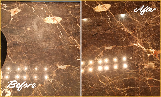 Before and After Picture of a Murray Hill Marble Stone Countertop Polished to Eliminate Stains