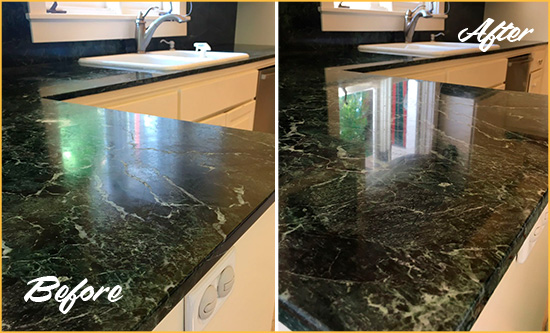 Before and After Picture of a Bay Terrace Marble Stone Counter Polished to Eliminate Water Marks