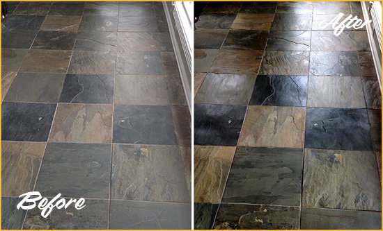Before and After Picture of a Dull Hillcrest Slate Floor Sealed to Bring Back Its Colors