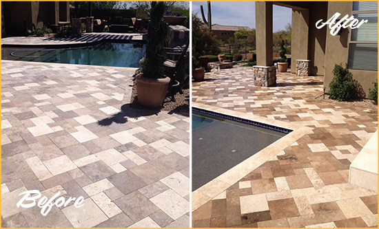 Before and After Picture of a Faded Theater District Travertine Pool Deck Sealed For Extra Protection