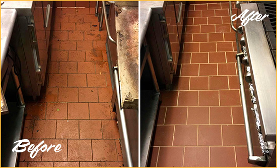 Before and After Picture of a Beechhurst Restaurant Kitchen Floor Sealed to Remove Soil