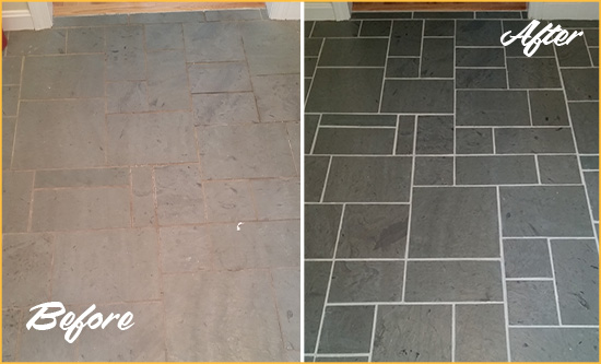 Before and After Picture of a Hollis Hills Slate Floor Cleaned to Remove Deep-Seated Dirt