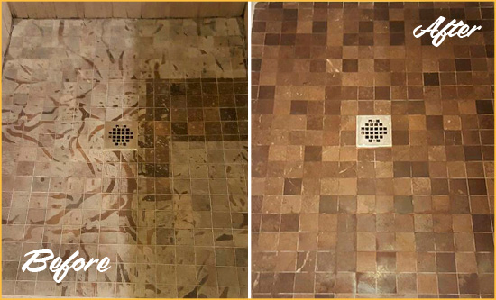 Before and After Picture of a Stained Belle Harbor Marble Shower Floor Cleaned to Remove Etching