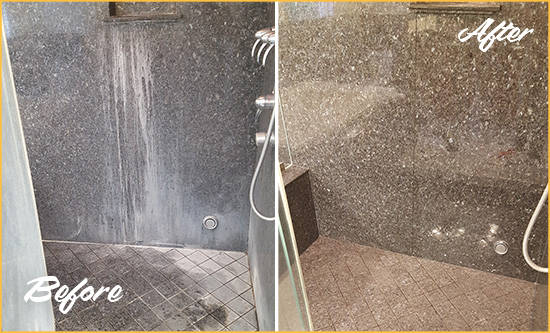 Before and After Picture of a Ridgewood Granite Shower Cleaned to Remove Mineral Deposits