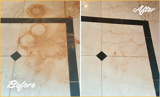 Before and After Picture of a Oakland Gardens Marble Floor Cleaned to Eliminate Rust Stains