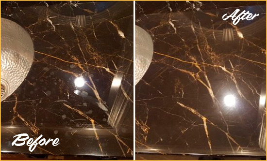 Before and After Picture of a Malba Marble Countertop Cleaned to Remove Water Spots