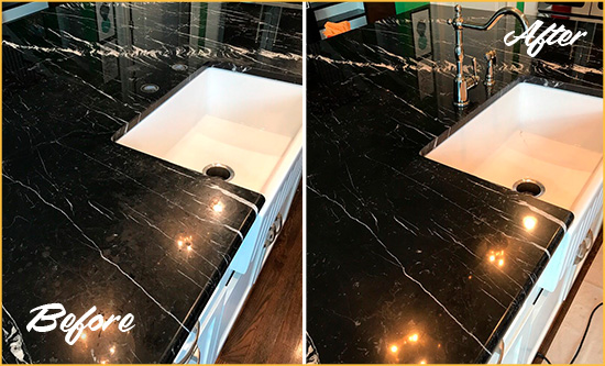 Before and After Picture of a Belle Harbor Marble Kitchen Countertop Stone Sealed to Avoid Water Damage