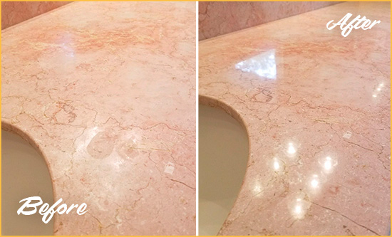 Before and After Picture of a Glen Oaks Marble Stone Vanity Top Sealed to Avoid Water Marks