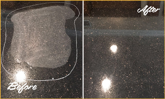 Before and After Picture of a Whitestone Granite Kitchen Countertop Honed to Eliminate Scratch