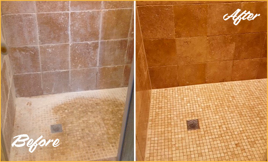 Before and After Picture of a Washington Heights Travertine Shower Honed to Remove Mineral Deposits
