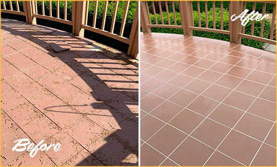Before and After Picture of a Manhattanville Hard Surface Restoration Service on a Tiled Deck