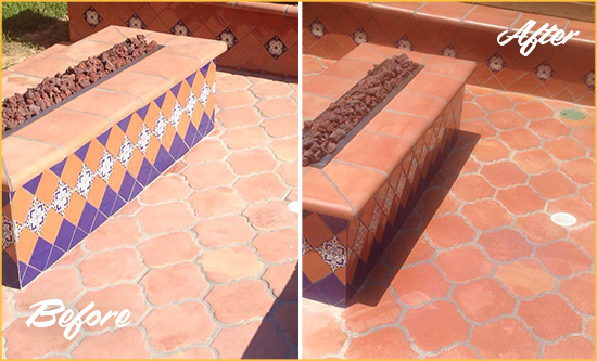 Before and After Picture of a Manhattanville Hard Surface Restoration Service on a Dull Terracotta Patio Floor to Recover Its Color