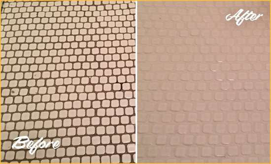Before and After Picture of a Manhattanville Hard Surface Restoration Service on a Bathroom Tile Floor Recolored to Fix Grout Color