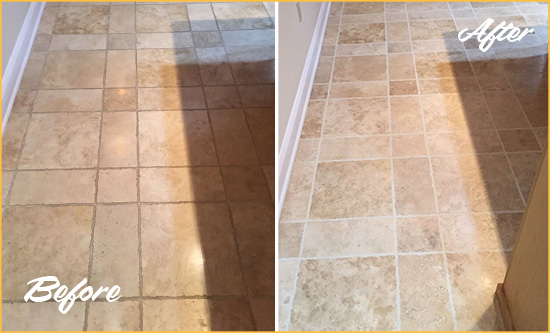 Before and After Picture of Flushing Kitchen Floor Grout Cleaned to Recover Its Color