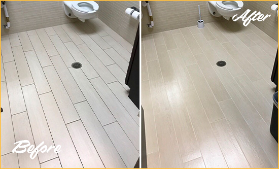 Before and After Picture of a Alphabet City Office Restroom's Grout Cleaned to Remove Dirt
