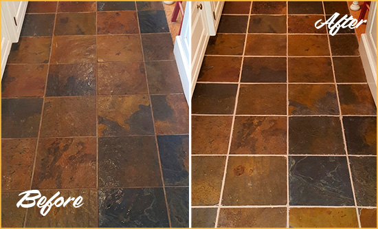 Before and After Picture of Kew Gardens Slate Floor Grout Cleaned to Remove Dirt