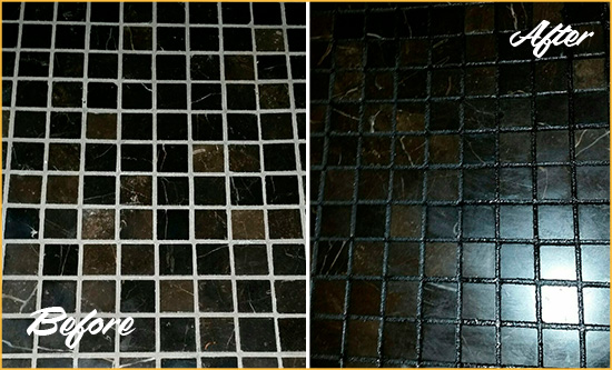 Before and After Picture of a Le Petit Senegal Black Floor with Recolored Grout
