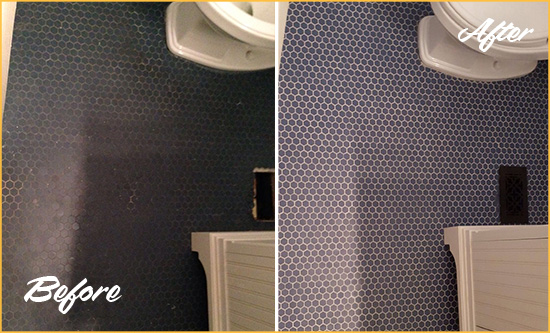 Before and After Picture of a Little Neck Blue Tile Floor Recolored Grout