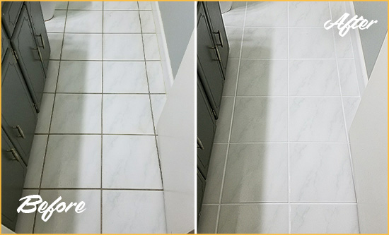 Before and After Picture of a Sheepshead Bay White Ceramic Tile with Recolored Grout