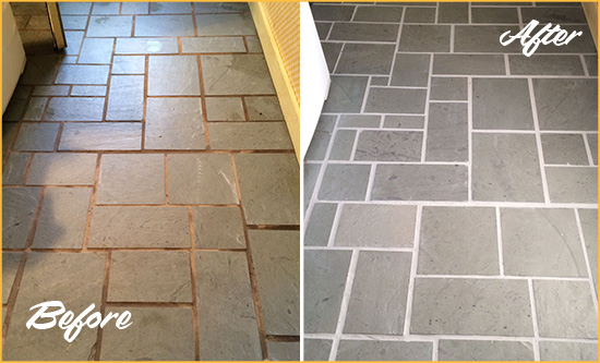 Before and After Picture of Damaged Howard Beach Slate Floor with Sealed Grout
