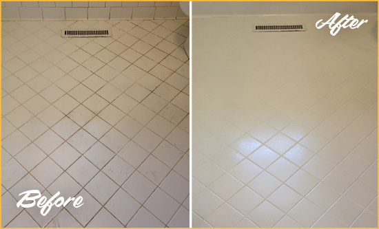 Before and After Picture of a Kew Gardens White Bathroom Floor Grout Sealed for Extra Protection