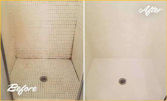 Before and After Picture of a Theater District Bathroom Grout Sealed to Remove Mold