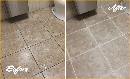 Before and After Picture of a Whitestone Restroom Floor Cleaned to Eliminate Dirt