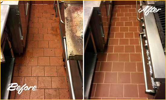 Before and After Picture of a Dull Little Germany Restaurant Kitchen Floor Cleaned to Remove Grease Build-Up