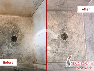 Before and After Picture of a Natural Stone Shower Cleaning Service in Manhattan, NY