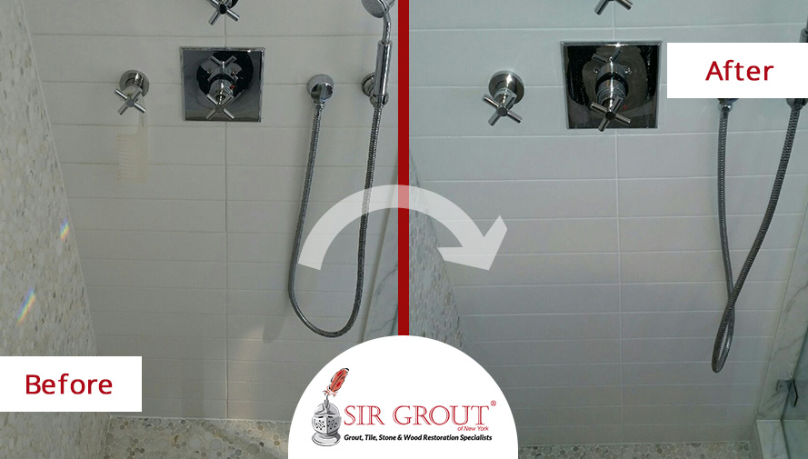 Before and After Picture of a Shower Grout Cleaning Service in Manhattan, NY