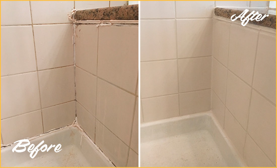 Before and After Picture of a Ridgewood Shower Caulked to Repair Damaged Caulking