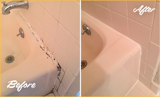 Before and After Picture of a Union Square Bathroom Sink Caulked to Fix a DIY Proyect Gone Wrong