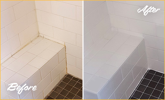 Before and After Picture of a Sunnyside Shower Seat Caulked to Protect Against Mold and Mildew Growth