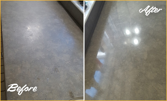 Before and After Picture of a Dull Theater District Limestone Countertop Polished to Recover Its Color